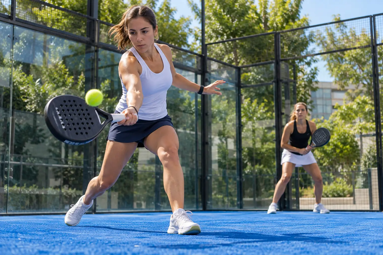 Illustrative Szene einer Frau, die eine Padel-Rallye spielt